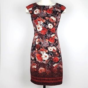 London Times Red Black Cream  Floral Print Sheath Dress Capped Sleeves Size 4